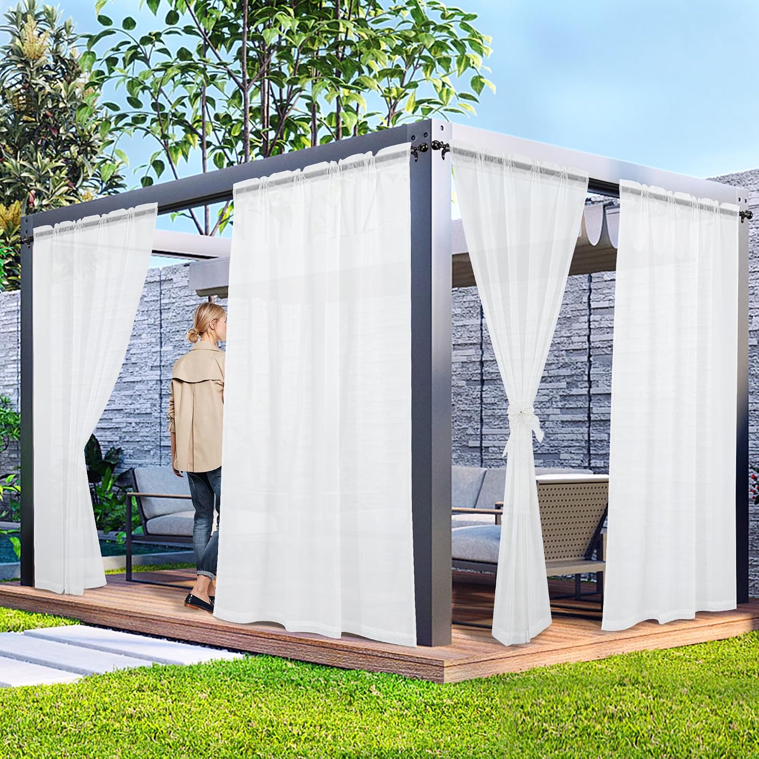 4 Panels Outdoor Sheer Curtains for Patio, Non-See-Through White Privacy Curtains for Patio Waterproof, Indoor Outdoor Drapes for Gazebo Pergola Balcony Pool Spa, 52 x 84 inch