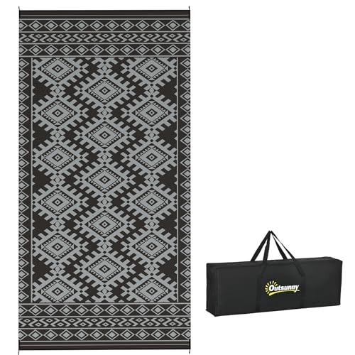 Outsunny Outdoor Rug for Patio, 9' x 18' (Black & Gray Rhombus)