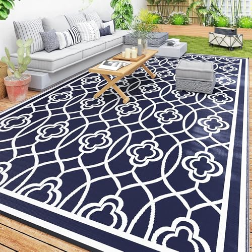 Outsunny Outdoor Rug for Patio, 9' x 18' Waterproof Large Mat, Reversible Plastic Straw Rug for Decor, Portable Outside RV Camping Area Carpet Mat for Backyard Porch Deck Picnic, Blue & White Lantern