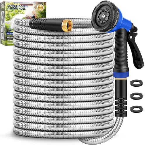 Garden Hose 100 ft, Stainless Steel Metal Water Hose with Adjustable 10-Mode Spray Nozzle, Lightweight Hose, No Kink, Leak-proof, Puncture Resistant for Yard, Outhood, RV