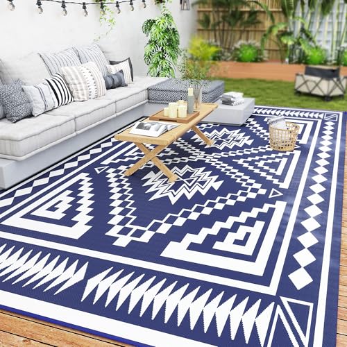 Outsunny Outdoor Rug for Patio, 9' x 18' (Blue & White Square)
