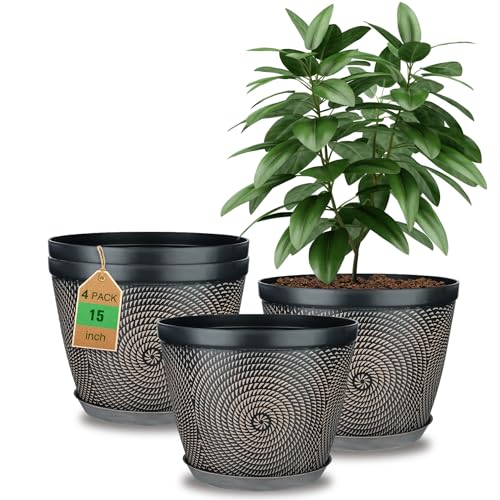 Quarut 15 Inch 4 Pack Large Plant Pots, Plastic Flower Pot for Indoor & Outdoor with Drainage Holes & Saucer, Circle Pattern Planters Garden Pots for Herbs