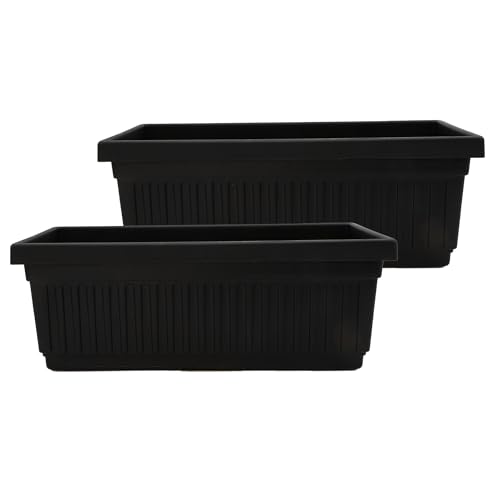 The HC Companies Venetian Window Planter Box w/Drain Plug - Long Planter Box for Windowsills, Balconies & More - Plastic Large Rectangular Outdoor Planters for Herbs & Flowers (30" Black, Pack of 2)
