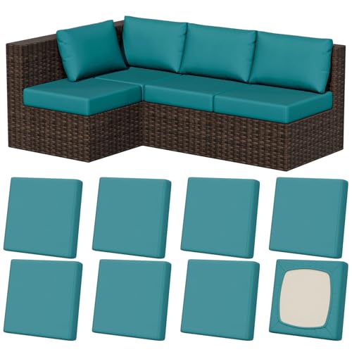 8Pcs Stretch Patio Cushion Covers, Outdoor Couch & Sofa Replacement Slipcovers for Patio Furniture Cushion Covers, Washable Reusable Furniture Protector, Square-Large, Petrol-Blue
