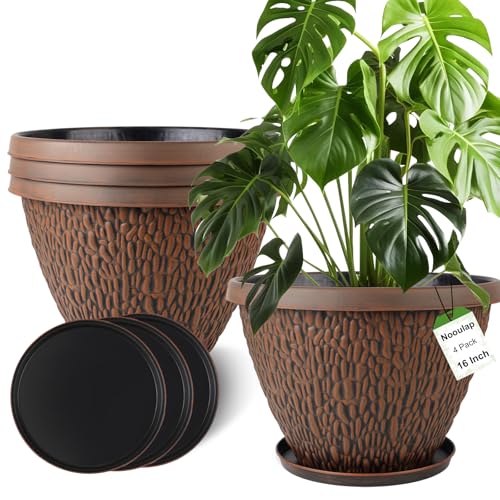 16 Inch Large Outdoor Plant Pot, 4 Pack Thickened Flower Pots with Drainage Holes & Saucer, Pebbles Pattern Design Tree Planters Outdoor for Garden Porch Home
