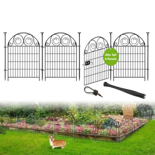 Tall Garden Fence with Gate, 40 Inch(H) 4 Panels Dog Fence Outdoor for Yard, Total Length 8.8 Ft Metal Decorative FencesPatented