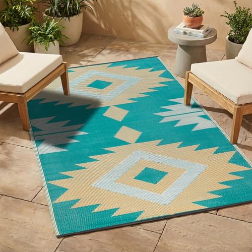 FH Home Outdoor Rug - Waterproof, Fade Resistant, Reversible - Premium Recycled Plastic - Geometric - Patio, Deck, Porch, Balcony - Bursa Kilim - Teal Crease Free - 6 x 9 ft