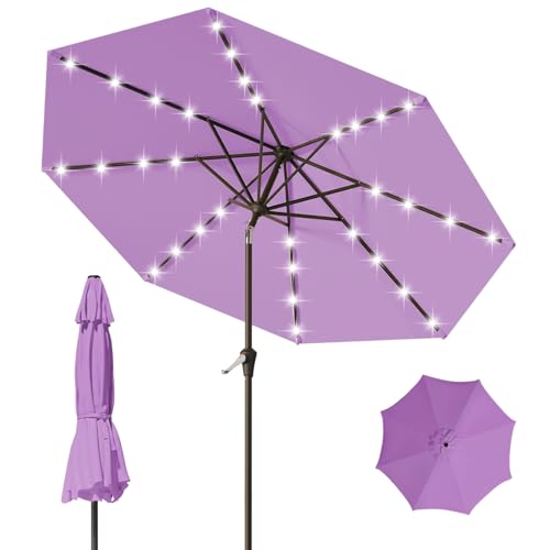 9FT Patio Umbrella with Solar Lights,Outdoor Market Umbrella with Tilt and Crank, LED Lighted Table Umbrella for Garden,Deck,Backyard,Pool,Beach(Taro Purple)