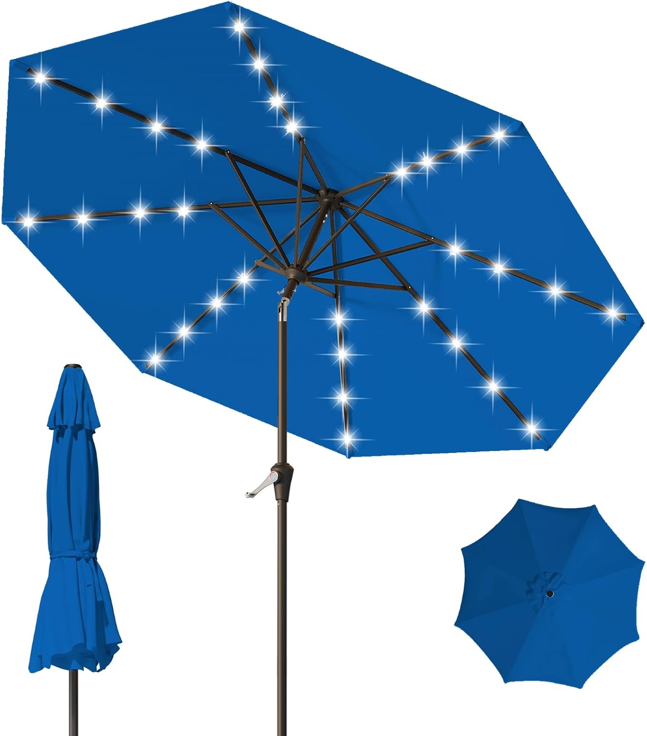 9FT Patio Umbrella with Solar Lights,Outdoor Market Umbrella with Tilt and Crank, LED Lighted Table Umbrella for Garden,Deck,Backyard,Pool,Beach(Royal Blue)