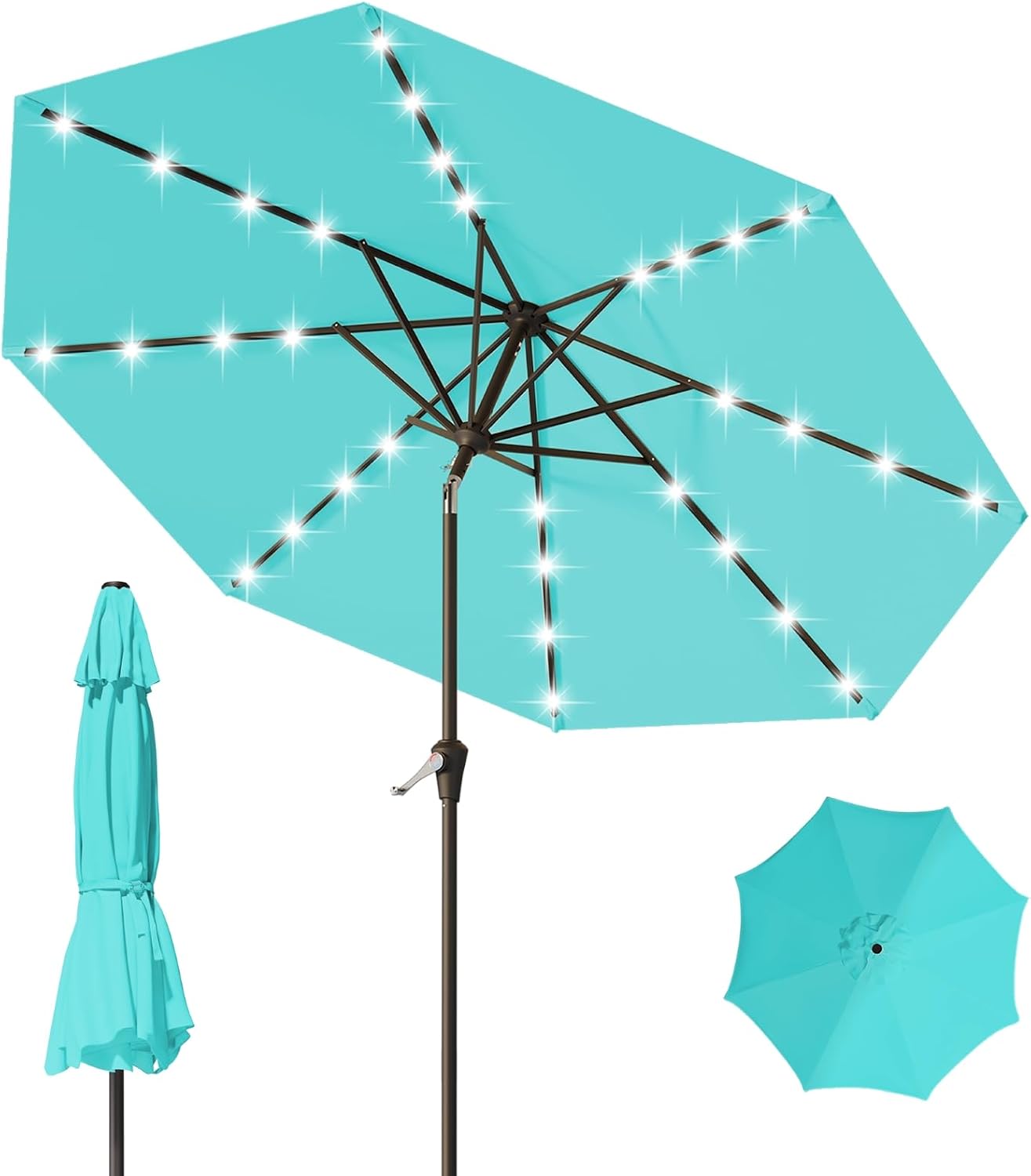 9FT Patio Umbrella with Solar Lights,Outdoor Market Umbrella with Tilt and Crank, LED Lighted Table Umbrella for Garden,Deck,Backyard,Pool,Beach(Peacock Blue)