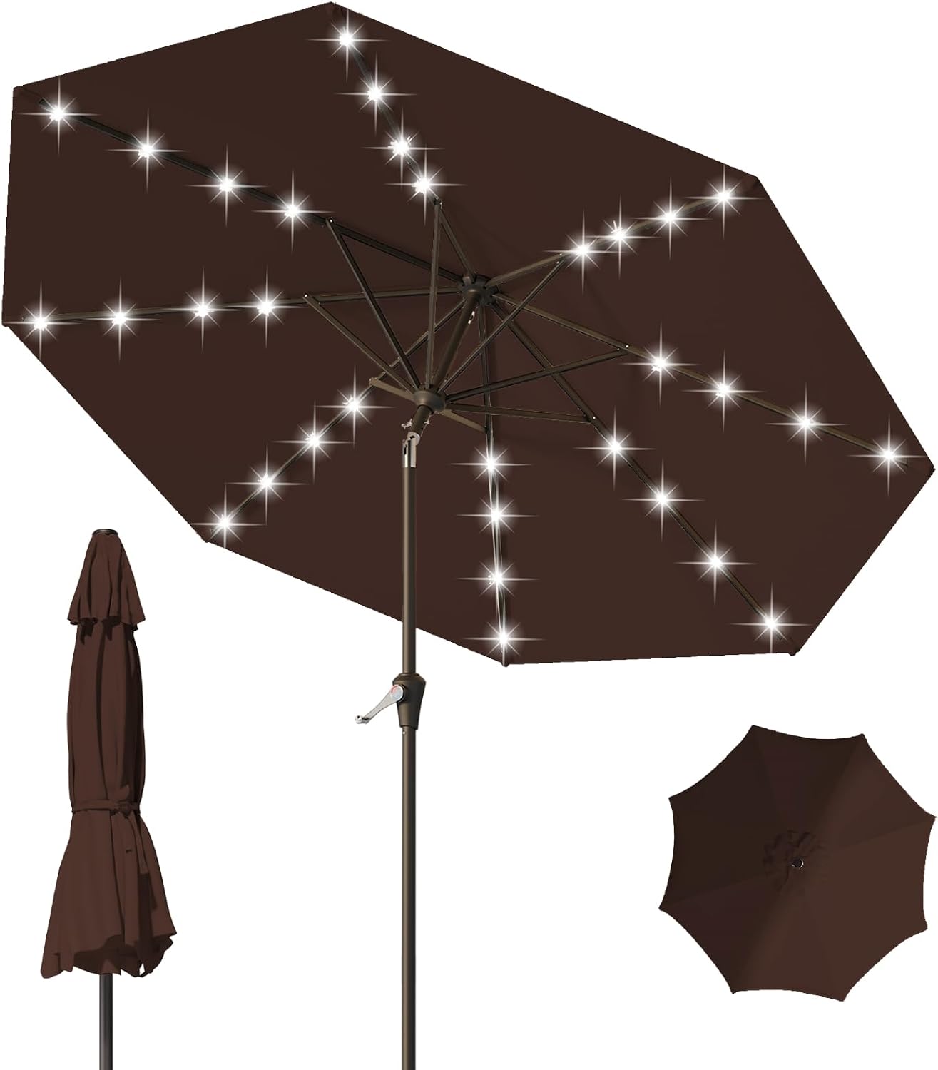 9FT Patio Umbrella with Solar Lights,Outdoor Market Umbrella with Tilt and Crank, LED Lighted Table Umbrella for Garden,Deck,Backyard,Pool,Beach(Brown)