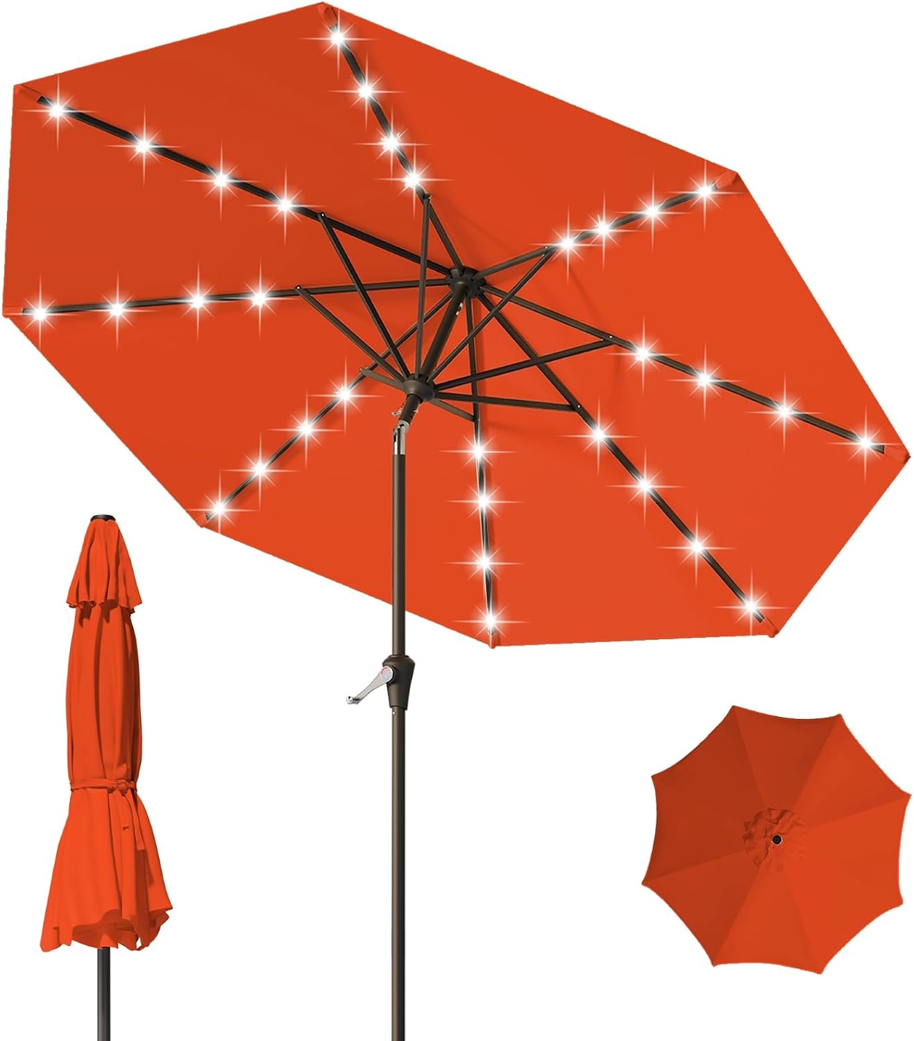 9FT Patio Umbrella with Solar Lights,Outdoor Market Umbrella with Tilt and Crank, LED Lighted Table Umbrella for Garden,Deck,Backyard,Pool,Beach(Orange)