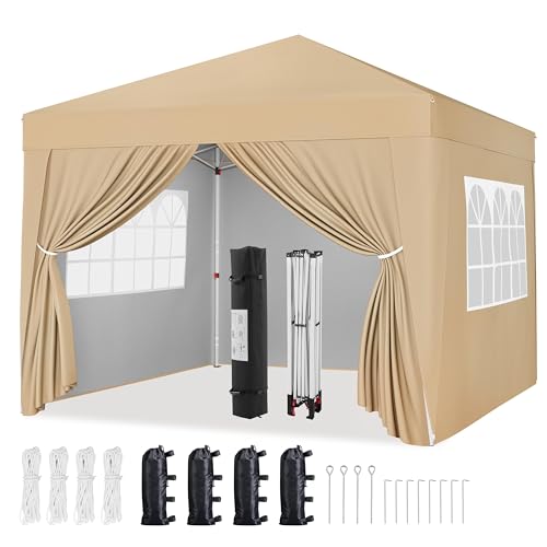 Yaheetech 10x10 Pop Up Canopy with 4 Removable Sidewalls, Portable Enclosed Instant Tent, Waterproof Outdoor Tent, Beach Sun Shelter with 4 Sandbags, 12 Stakes & 4 Ropes, Khaki