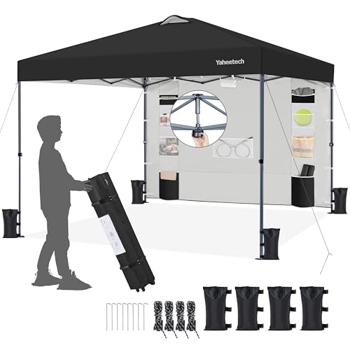 Yaheetech 10x10 Pop-up Canopy Tent w/Removable Pockets Sidewall for Extra Storage, Outdoor Sun Shelter Waterproof & Durable w/Wheeled Bag, Sandbags & Guylines for Beach Camping Party (Black)