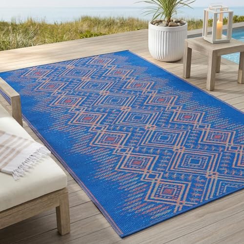 Fab Habitat Boho Southwestern Tribal Outdoor Rug - Waterproof, Crease-Free Fade Resistant, Reversible - Recycled Plastic - Patio Porch Balcony Deck Yard Garden - Jodhpur Multi Blue - 8x10 ft