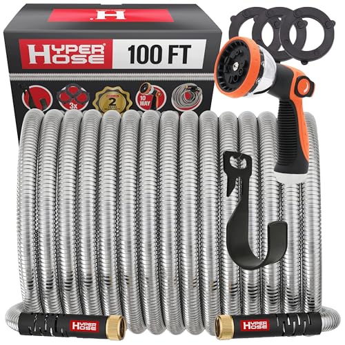 Best 100 ft Metal Garden Hose Set - No-Kink Durable 316 Stainless Steel, 10-Way Zync Spray Nozzle & Hook  Tough Flexible Heavy Duty Water Hoses, Naval Brass, Rust, Weather, LeakProof