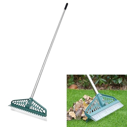 Artificial Rake, Double Sided Garden Hand Broom Rake Stainless Steel Long Pole Leaves Rake16 inch Wide for Garden Grass Clean Lawn Artificial Turf Patios Carpets Pet Hairs Cleaner