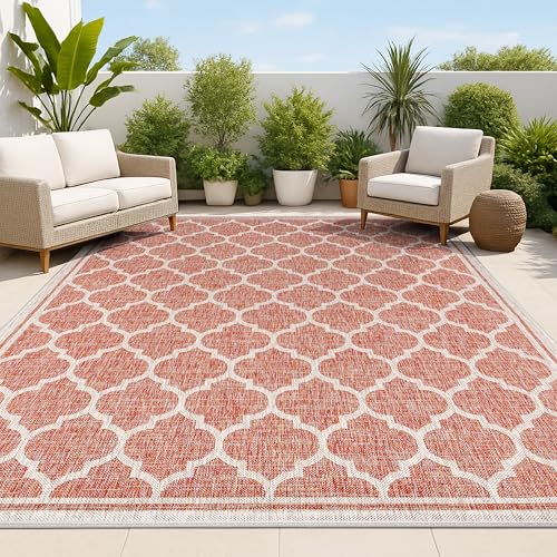 JONATHAN Y Moroccan Trellis Indoor Outdoor Area Rug 10X14 Red/Beige, Trebol Textured Weave for Backyard, Patio, Porch, Easy-Cleaning, High Traffic, Pet-Friendly, Non-Shedding (SMB109C-14)