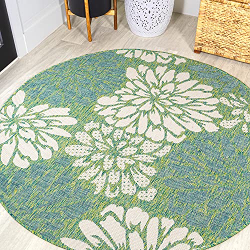 JONATHAN Y Floral Textured Weave Indoor Outdoor Round Area Rug 8 Ft Cream/Green, Zinnia Modern for Backyard, Patio, Porch, Easy-Cleaning, High Traffic, Pet-Friendly, Non-Shedding (SMB110D-8R)