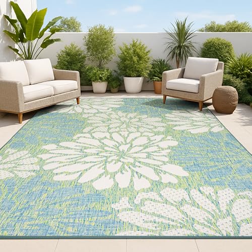 JONATHAN Y Floral Textured Weave Indoor Outdoor Area Rug 6X9 Cream/Green, Zinnia Modern for Backyard, Patio, Porch, Easy-Cleaning, High Traffic, Pet-Friendly, Non-Shedding (SMB110D-6)