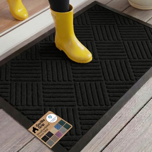 GORILLA GRIP 100% Waterproof All-Season WeatherMax Doormat US Designed Natural Rubber, Stain and Fade Resistant, Low Profile Indoor Outdoor Door Mats, Easy Clean Patio Mat, 23x35, Black Diamond