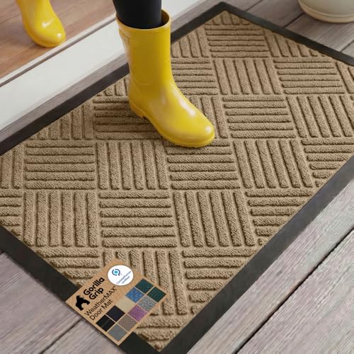 GORILLA GRIP 100% Waterproof All-Season WeatherMax Doormat US Designed Natural Rubber, Stain and Fade Resistant, Low Profile Indoor Outdoor Door Mats, Easy Clean Patio Mat, 23x35, Beige Diamond