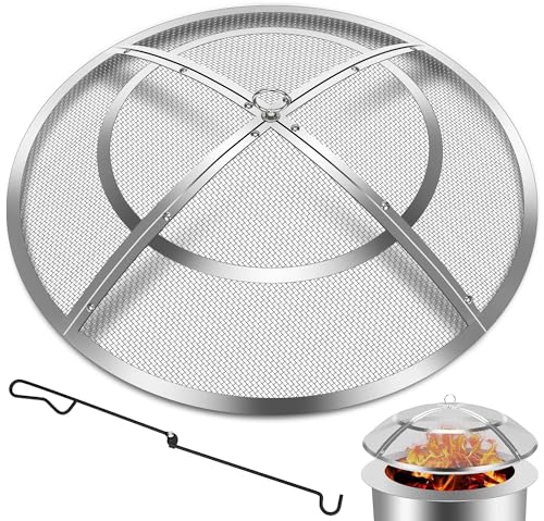 Fire Pit Spark Screen,30 Inch Fire Pit Screen Cover Stainless Steel Outdoor with Handle&Poker,Firepit Screens Cover Round Mesh Lid Heavy-Duty Steel Replacement for Backyard/Beach/RV Camping