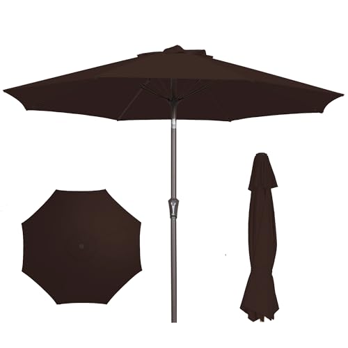 PatioKingdom 9FT Patio Outdoor Umbrella-UPF 50+ Sun Shade with Wind Vent, Push-Button Tilt & Smooth Crank Lift, Rust-Resistant Fiberglass Frame for Garden, Backyard,Yard (Brown, 9FT)