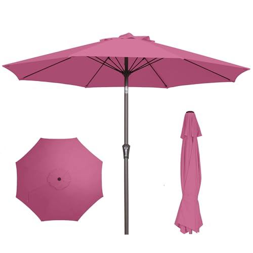PatioKingdom 9FT Patio Outdoor Umbrella-UPF 50+ Sun Shade with Wind Vent, Push-Button Tilt & Smooth Crank Lift, Rust-Resistant Fiberglass Frame for Garden, Backyard,Yard (Rose Pink, 9FT)
