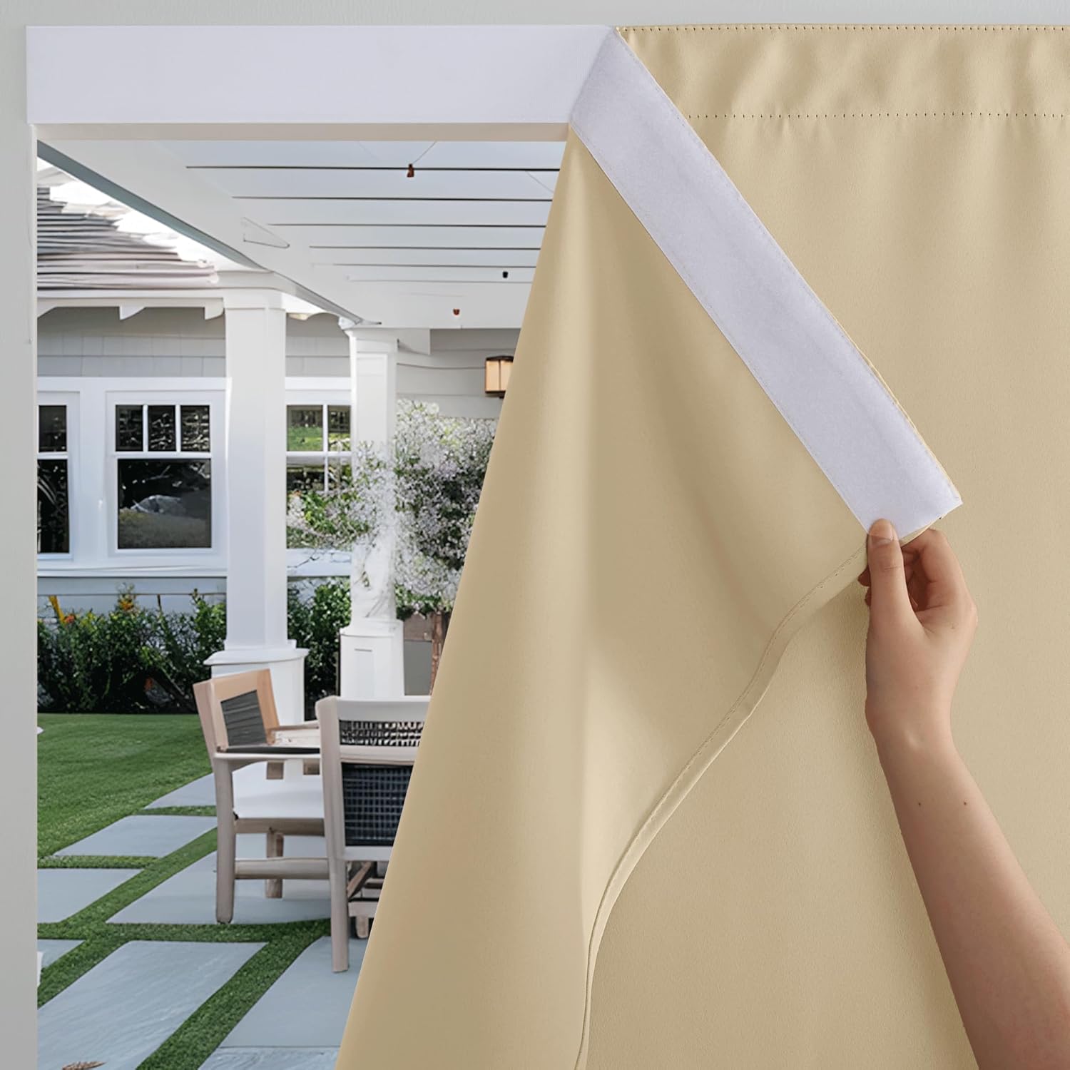 RYB HOME Windproof Outdoor Curtains for Patio Waterproof Adhesive Top Back Tab Bottom,No Drill Sun Blocking Outside Curtains with Rope for Gazebo Porch Pergola, Biscotti Beige, W 52 x L 96, 2 Panels