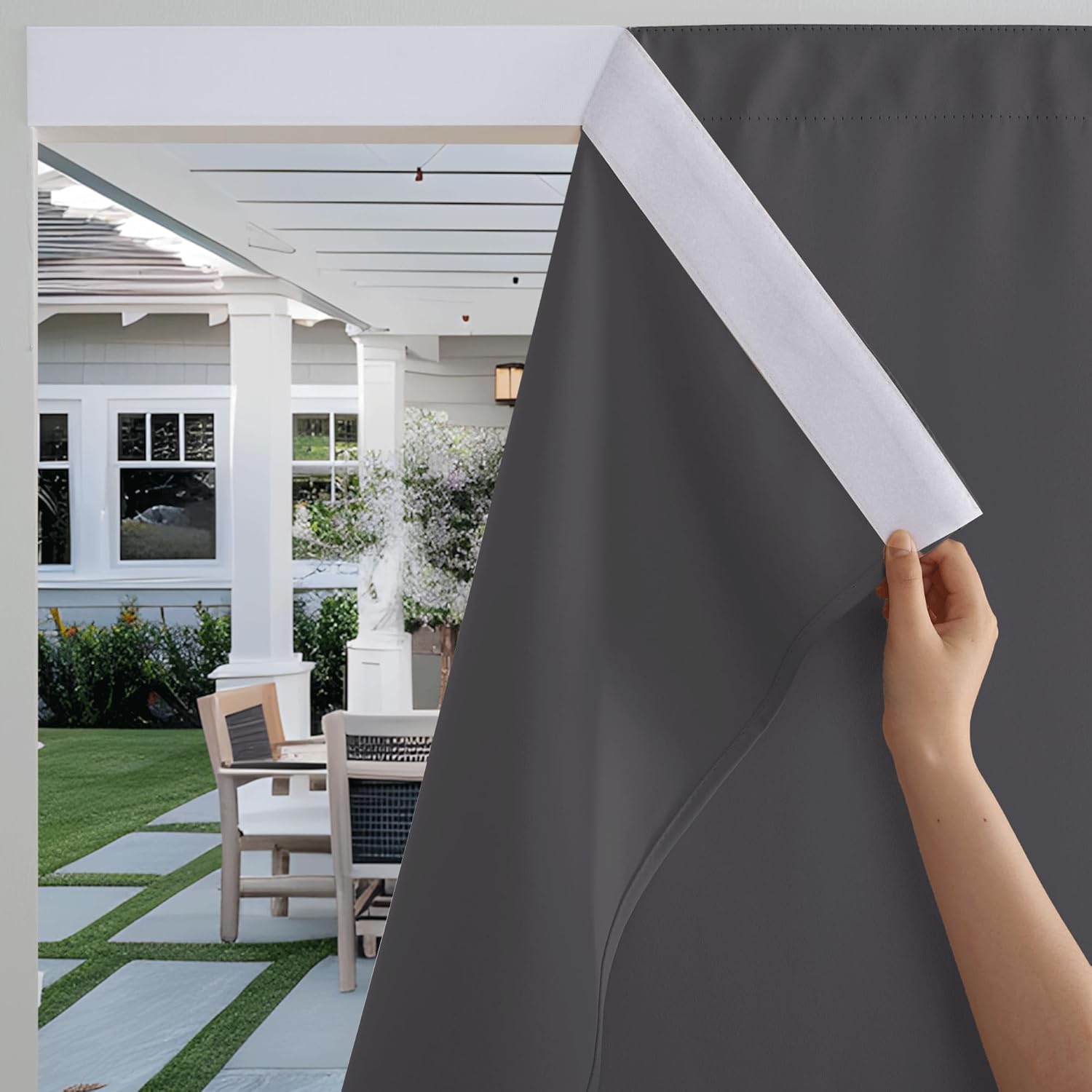 RYB HOME Windproof Outdoor Curtains for Patio Waterproof with Adhesive Top Back Tab Bottom,No Drill Sun Blocking Outside Curtains with Rope for Gazebo Porch Pergola, Grey, W 52 x L 84, 2 Panels