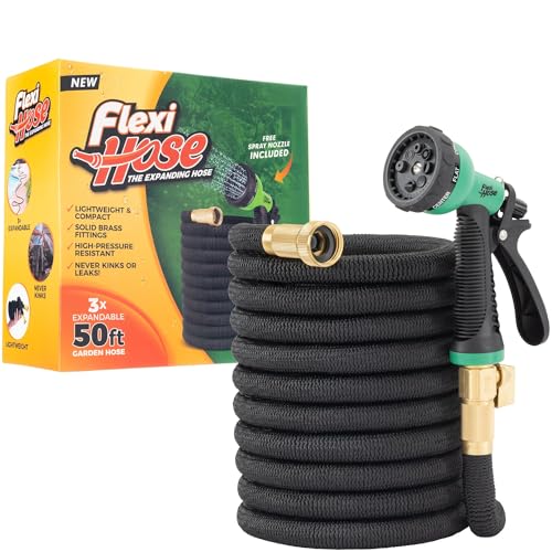 Flexi Hose Lightweight Garden Hose, 50FT - Expandable Hose with 8 Function Nozzle, No-Kink Flexibility, 3/4 Inch Solid Brass Fittings and Double Latex Core