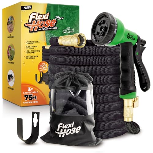 Flexi Hose PLUS with 8 Function Nozzle Expandable Garden Hose, Lightweight & No-Kink Flexible Garden Hose, 3/4 inch Solid Brass Fittings and Double Latex Core, 75 ft Black