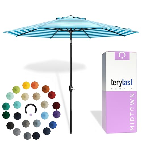 Midtown Umbrellas The Lean 8 Feet Outdoor Umbrella With Terylast Cobalt Stripes (Blue/White Stripes) Polyester Fabric - Auto-Tilt Aluminum Frame Patio Umbrella For Deck, Garden, Pool - Black Pole