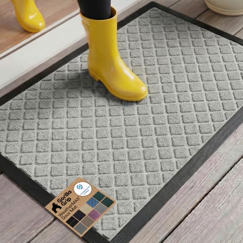GORILLA GRIP 100% Waterproof All-Season WeatherMax Doormat US Designed Natural Rubber, Stain and Fade Resistant, Low Profile Indoor Outdoor Door Mats, Easy Clean Patio Mat, Light Gray