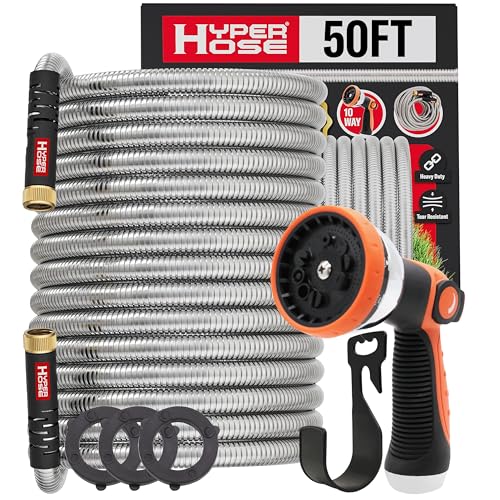 Best 50 ft Metal Garden Hose Set - No-Kink Durable 316 Stainless Steel, 10-Way Zync Spray Nozzle & Hook  Tough Flexible Heavy Duty Water Hoses, Naval Brass, Rust, Weather, LeakProof