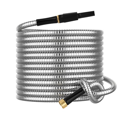 Non-Expandable Metal Garden Hose 30 Feet with Sprayer Nozzle, Flexible, No Kinking, Lightweight & Heavy Duty Water Pipe, Stainless Steel Outdoor Water Hose for Yard 30 ft, Male to Female Connector