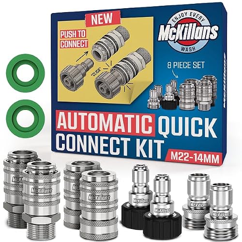 McKillans 2025 Automatic M22-14mm Pressure Washer Quick Connect Kit - M22 to 3/8 Quick Connect Pressure Washer Fittings - Power Washer Accessories - Hose Adapter Set - 8-Piece Kit (Stainless Steel)