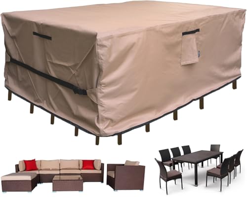 Patio Furniture Set Cover Waterproof Rectangular Heavy Duty 600D Outdoor Sectional Sofa Couch Cover Large Outside Dining Table and Chairs Covers Patio Conversation Set Cover Brown 112 x 74 Inch