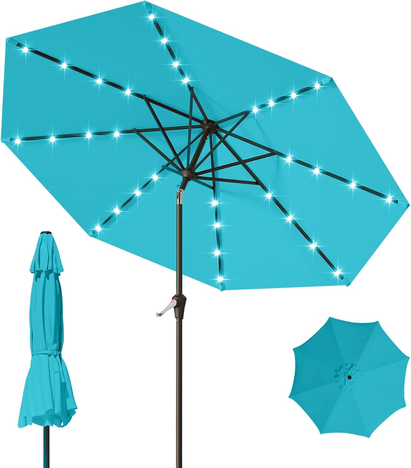 9FT Patio Umbrella with Solar Lights,Outdoor Market Umbrella with Tilt and Crank, LED Lighted Table Umbrella for Garden,Deck,Backyard,Pool,Beach (Light Blue, 9FT)