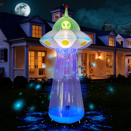 Halloween Inflatables 10FT Alien Abduction Decoration, Inflatable UFO Built in 5 Bright LED & 1 Blue Flashing LED Blow up Alien Spaceship for Large Halloween Inflatable Outdoor Decoration