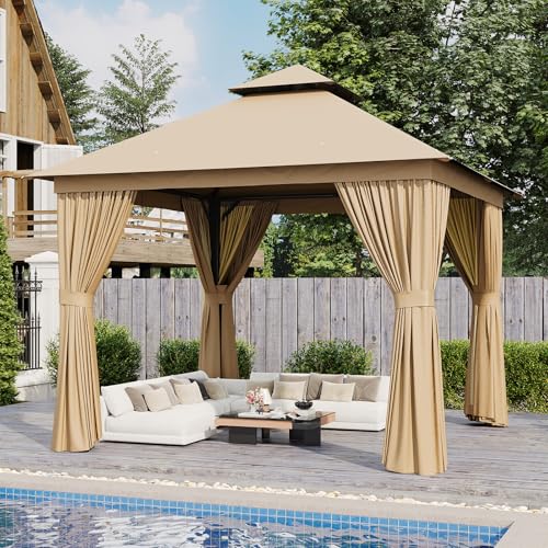 AOXUN Outdoor Gazebo for Patio 10x10, Metal Frame Canopy with Double Roofs, Heavy Duty Party Tent and Shelter with Mosquito Netting and Privacy Screen for Backyard, Lawn, Garden, Deck (Beige)