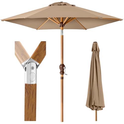 Best Choice Products 10ft Market Umbrella, Outdoor Sun Shade for Backyard, Deck, Poolside, Table w/Woodgrain Pattern, Easy Tilt & Crank - Tan