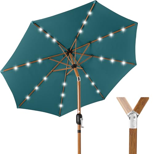 Best Choice Products 10ft Solar Market Patio Umbrella w/Woodgrain Pattern Pole, LED Lights, Tilt & Crank Outdoor Sun Shade for Backyard Table, Deck, Poolside Cerulean