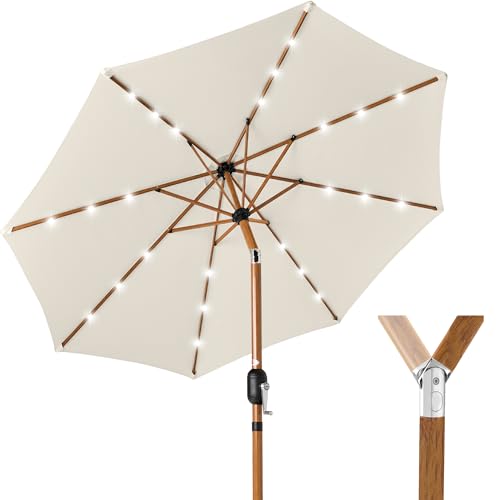 Best Choice Products 10ft Solar Market Patio Umbrella w/Woodgrain Pattern Pole, LED Lights, Tilt & Crank Outdoor Sun Shade for Backyard Table, Deck, Poolside Ivory