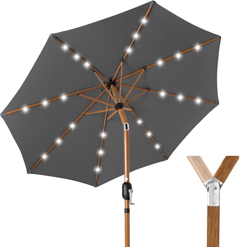 Best Choice Products 10ft Solar Market Patio Umbrella w/Woodgrain Pattern Pole, LED Lights, Tilt & Crank  Outdoor Sun Shade for Backyard Table, Deck, Poolside  Gray