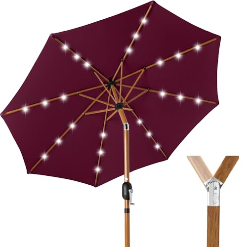 Best Choice Products 10ft Solar Market Patio Umbrella w/Woodgrain Pattern Pole, LED Lights, Tilt & Crank Outdoor Sun Shade for Backyard Table, Deck, Poolside Burgundy