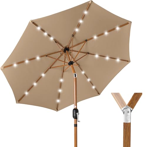 10ft Solar Market Umbrella, Woodgrain Pole (Tan)