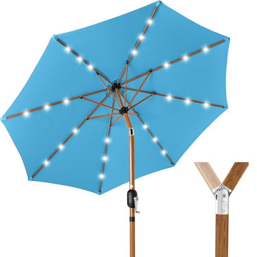 Best Choice Products 10ft Solar Market Patio Umbrella w/Woodgrain Pattern Pole, LED Lights, Tilt & Crank  Outdoor Sun Shade for Backyard Table, Deck, Poolside  Sky Blue