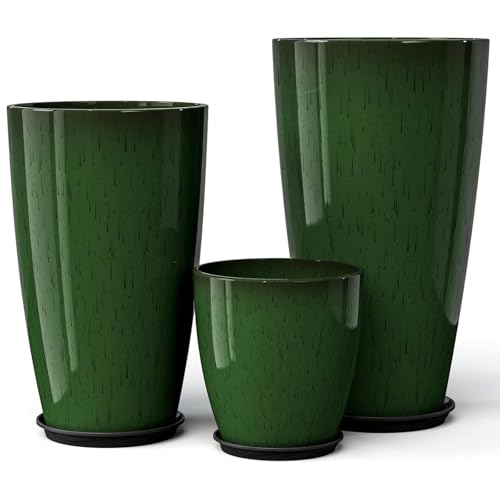 QCQHDU 24,21,11 inch Large Planters with Drainage Hole & Saucer, Set of 3 Plant Pots Tall Planter for Indoor & Outdoor Plants Home Modern Decor